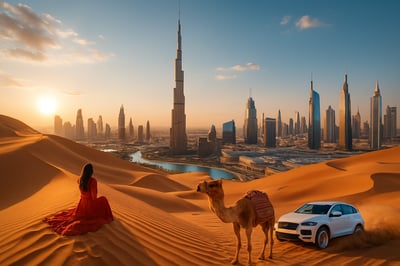 A stunning view of Dubai's skyline including Burj Khalifa, desert landscapes, and luxury experiences.