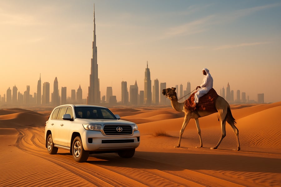 Dubai skyline with Burj Khalifa and desert adventure Dubai skyline with Burj Khalifa and desert adventure