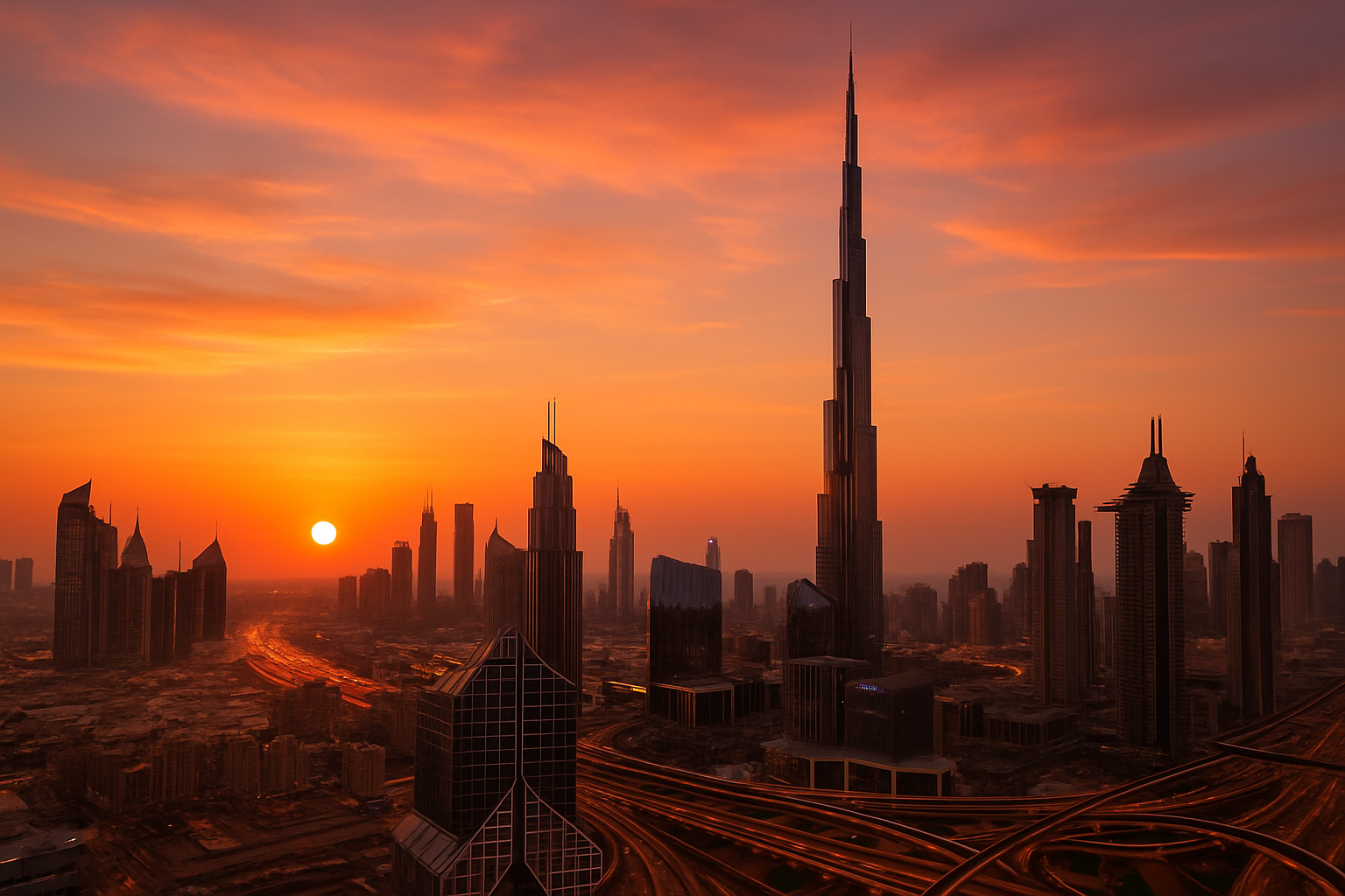 Dubai skyline with Burj Khalifa at sunset