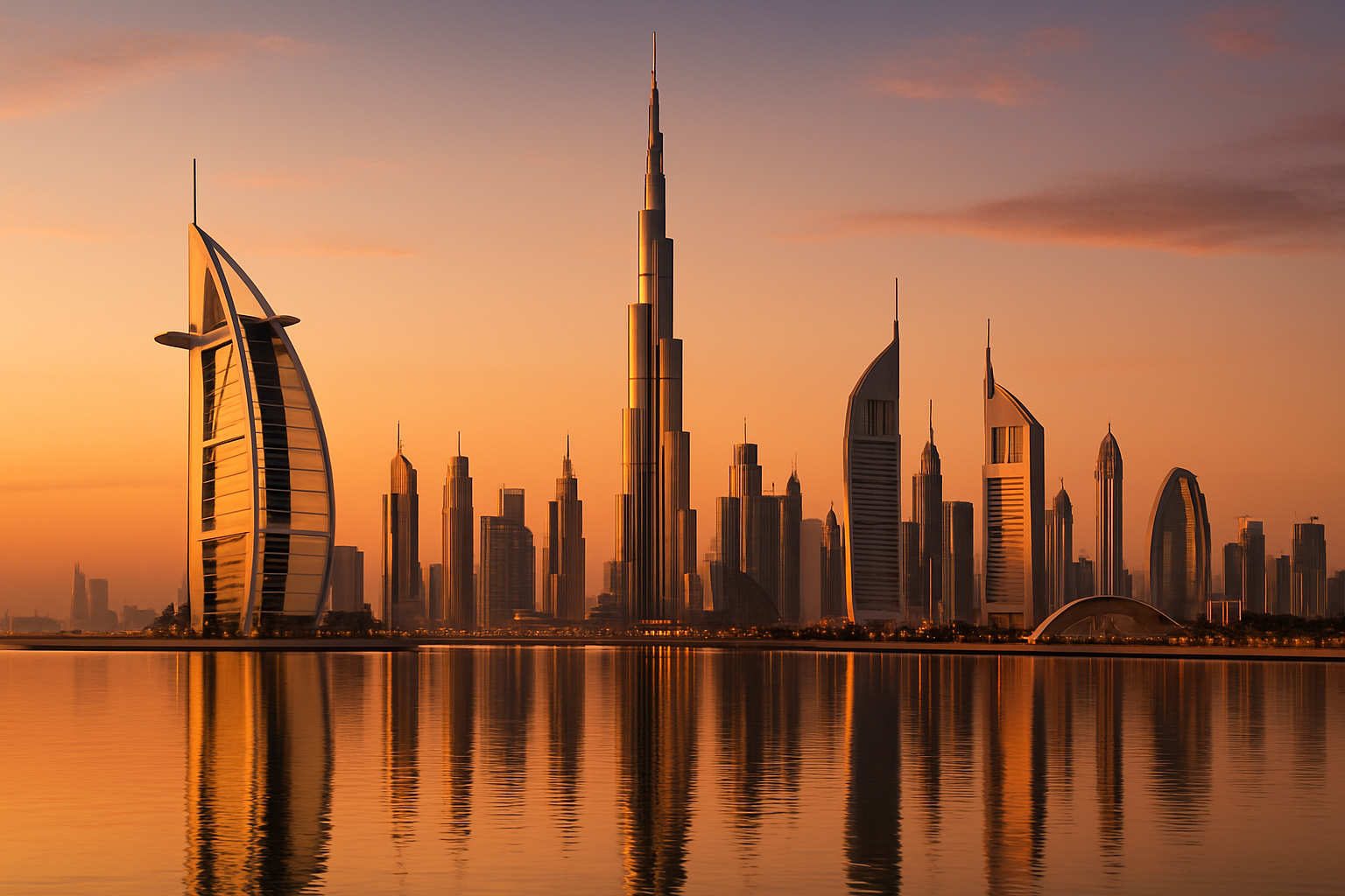 Luxury Dubai skyline with famous landmarks